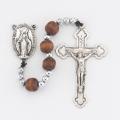  DARK BROWN WOOD BEADS WITH CARVED CROSSES AND SILVER SPACERS (10 PC) 
