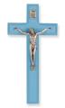  7" BLUE WOOD CROSS WITH SILVER CORPUS 