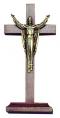  Standing Block 7" Crucifix in Walnut Wood w/Base - Antique Gold Risen Christ 