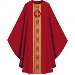  Red \"Assisi\" Chasuble - Woven Orphrey - Elias Fabric 