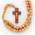  ROUND MARBLEIZED LIGHT WOOD BEADS ON A CORD WITH A WOOD CRUCIFIX (10 PC) 