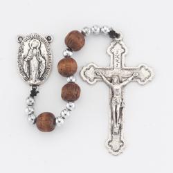  DARK BROWN WOOD BEADS WITH CARVED CROSSES AND SILVER SPACERS (10 PC) 