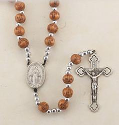  LIGHT BROWN WOOD BEADS WITH CARVED CROSSES AND SILVER SPACERS (10 PC) 