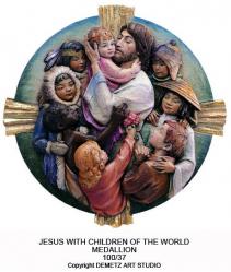  Jesus w/Children of the World Medallion/Plaque in Linden Wood, 28\" & 40\"H 