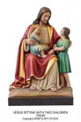  Jesus Sitting w/Two Children Statue in Linden Wood, 36\"H 