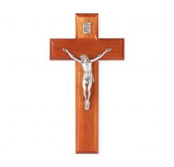  8\" CHERRY WOOD CROSS WITH ANTIQUE SILVER CORPUS 