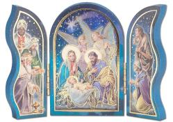  GOLD EMBOSSED STANDING NATIVITY SCENE WITH TWO ANGELS TRIPTYCH 