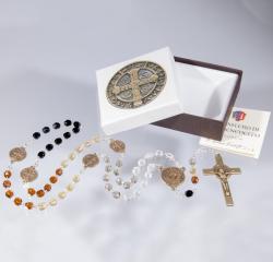  BROWN GLASS BEAD ST BENEDICT FIVE COLOR ROSARY 