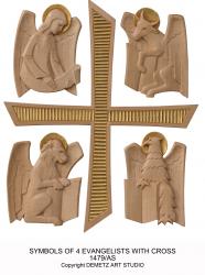  \"Four Evangelists\" Reliefs in Natural Finish Symbols & Cross In Wood 