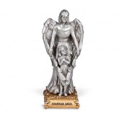  GUARDIAN ANGEL WITH GIRL PEWTER STATUE ON BASE 