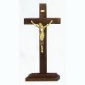  Standing Block 7" Crucifix in Walnut Wood - Sprayed Gold Corpus 