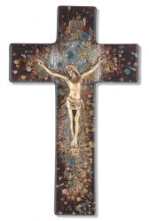  10\" RICH BROWN SPECKLED GLASS CROSS WITH GOLD CORPUS 