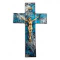  10" BLUE AND SILVER SHIMMER PATTERN GLASS CROSS WITH GOLD CORPUS 