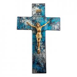  10\" BLUE AND SILVER SHIMMER PATTERN GLASS CROSS WITH GOLD CORPUS 
