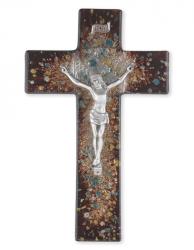  10\" RICH BROWN SPECKLED GLASS CROSS WITH PEWTER CORPUS 