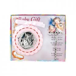  PINK CRIB MEDAL WITH CRUCIFIX 