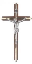  10\" WALNUT FINISH BRASS INLAY CROSS WITH ANTIQUED SILVER PLATED CORPUS 