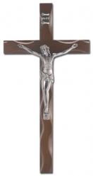  10\" WALNUT FINISH NOTCHED CROSS WITH ANTIQUED SILVER PLATED CORPUS 