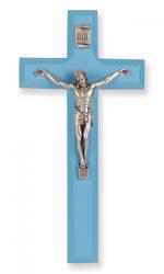  7\" BLUE WOOD CROSS WITH SILVER CORPUS 