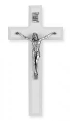  7\" WHITE WOOD CROSS WITH ANTIQUE SILVER CORPUS 