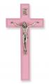  7" PINK WOOD CROSS WITH ANTIQUE SILVER CORPUS 