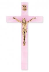  7\" PEARLIZED PINK CROSS WITH ANTIQUED GOLD CORPUS 