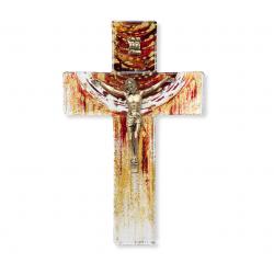  7\" SUNSET WITH EARTH TONES ON GLASS CROSS WITH GOLD CORPUS 