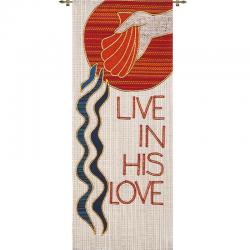  White Tapestry - \"Live in His Love\"/Baptism Motif - Omega Fabric 