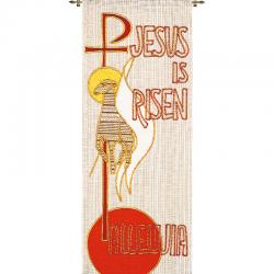  White Tapestry - \"Jesus is Risen\"/Easter Motif - Omega Fabric 