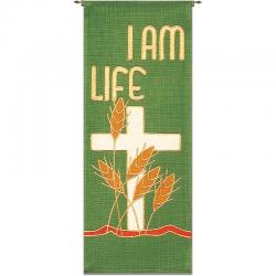  Green Tapestry - \"I Am Life\"/Eucharist Motif - Omega Fabric 
