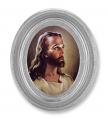  HEAD OF CHRIST GOLD STAMPED PRINT IN OVAL SILVER LEAF FRAME 