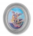  ST. MICHAEL GOLD STAMPED PRINT IN OVAL SILVER LEAF FRAME 