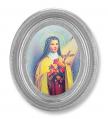  ST. THERESE GOLD STAMPED PRINT IN OVAL SILVER LEAF FRAME 