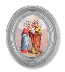  HOLY FAMILY GOLD STAMPED PRINT IN OVAL SILVER LEAF FRAME 