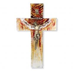  7\" SUNSET WITH EARTH TONES ON GLASS CROSS WITH TRADITIONAL GOLD CORPUS 
