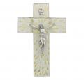  7" GOLD & SILVER RAYS ON WHITE GLASS CROSS WITH PEWTER CORPUS 