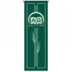  Green Printed Inside Banner - Alpha Omega/Wheat Motif - Deco Fabric 