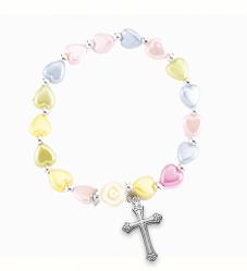  PEARLESCENT MULTI-COLORED HEART SHAPE BEAD BRACELET WITH ROSE AND CROSS 