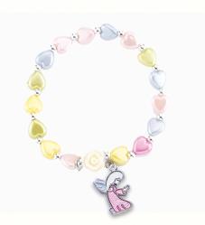  PEARLESCENT MULTI-COLORED HEART SHAPE BEAD BRACELET WITH ROSE AND ENAMELED GUARDIAN ANGEL MEDAL 