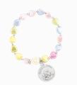  PEARLESCENT MULTI-COLORED HEART SHAPE BEAD BRACELET WITH ROSE AND ROUND GUARDIAN ANGEL MEDAL 