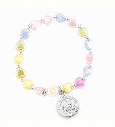  PEARLESCENT MULTI-COLORED HEART SHAPE BEAD BRACELET WITH ROSE AND ROUND HOLY BAPTISM MEDAL 