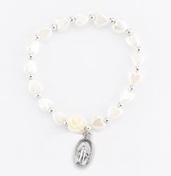  PEARLESCENT MULTI-COLORED HEART SHAPE BEAD BRACELET WITH ROSE AND MIRACULOUS MEDAL 