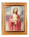  GOOD SHEPHERD IN A FINE DETAILED SCROLL CARVINGS ANTIQUE GOLD FRAME 