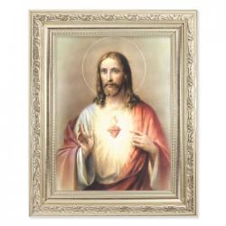  SACRED HEART OF JESUS IN A FINE DETAILED SCROLL CARVINGS ANTIQUE SILVER FRAME 