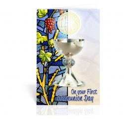  CHALICE WITH HOST STAINED GLASS BORDER COMMUNION GREETING CARD (10 PC) 