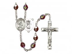  St. Christopher/Track & Field-Men Centre Rosary w/Aurora Borealis Garnet Beads 