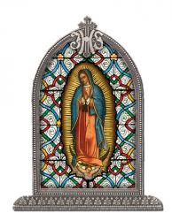  O.L. OF GUADALUPE TEXTURED ITALIAN ART GLASS IN ARCHED FRAME 