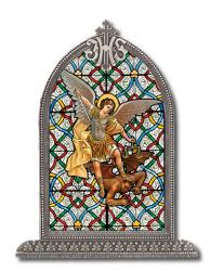  ST. MICHAEL TEXTURED ITALIAN ART GLASS IN ARCHED FRAME 