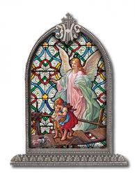  GUARDIAN ANGEL TEXTURED ITALIAN ART GLASS IN ARCHED FRAME 