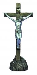  Standing Crucifix w/Rock Base in Bronze & Pewter Style, 13\" Ht 